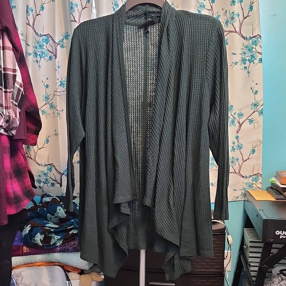 Lane Bryant Dark Green Waffle-Knit Open Front Cardigan